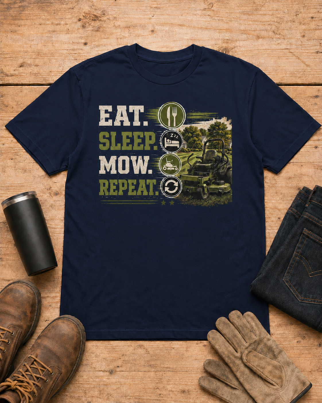 Eat Sleep Mow Repeat Lawn Care Shirt in Navy workbench flat lay