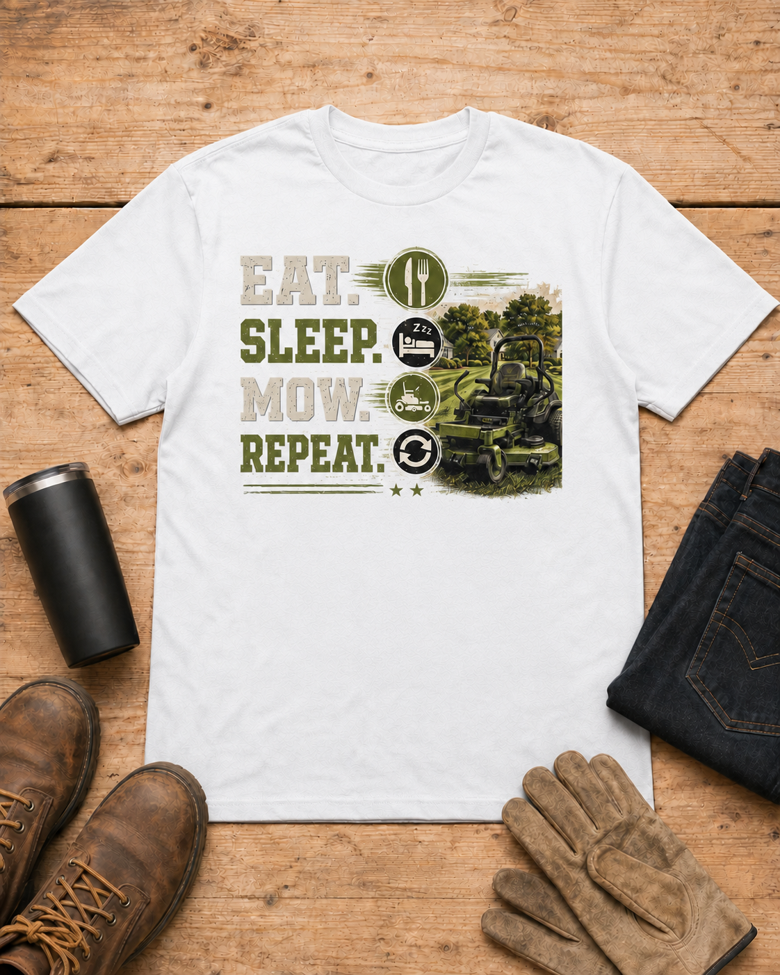 Eat Sleep Mow Repeat Lawn Care Shirt in White workbench flat lay