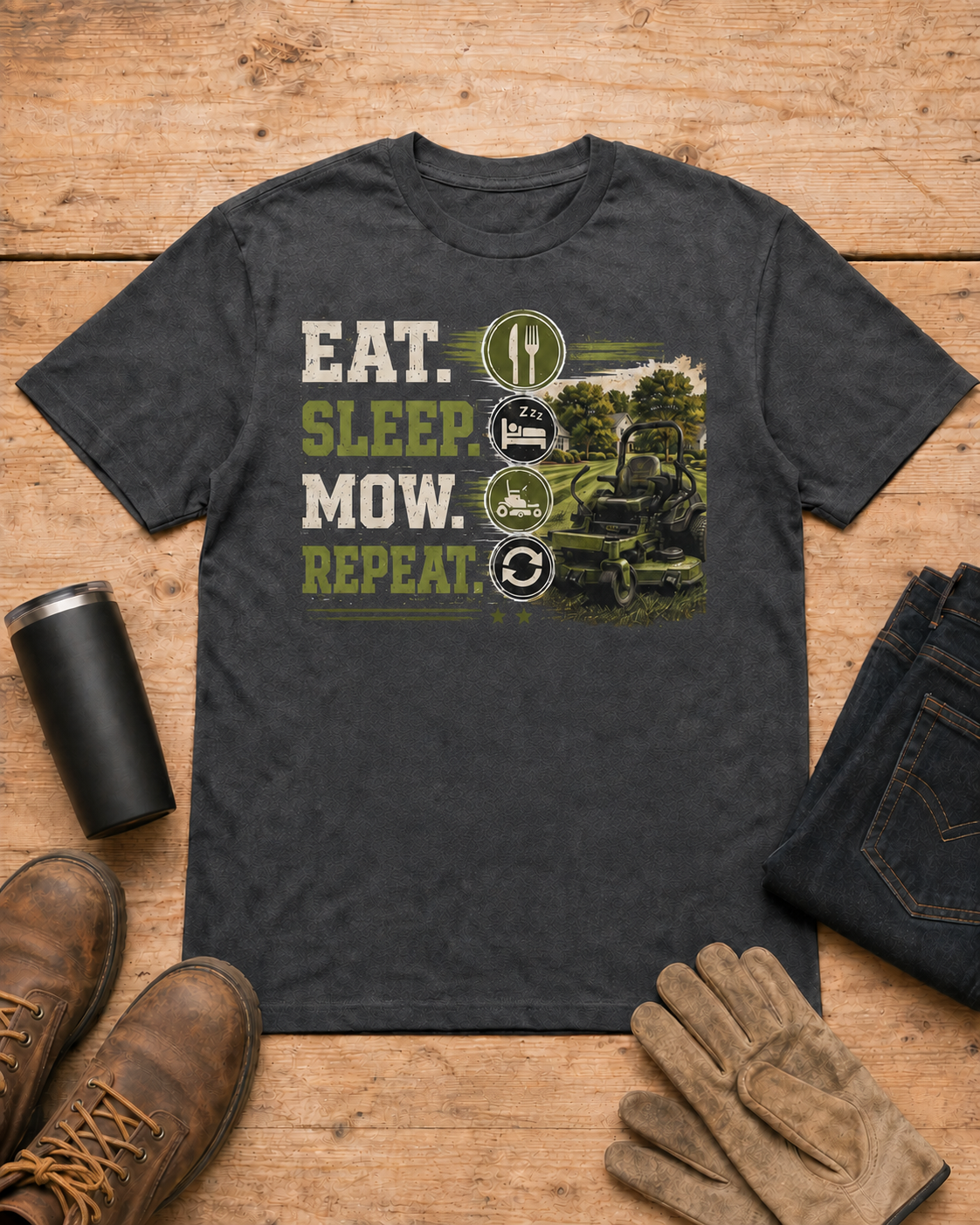 Eat Sleep Mow Repeat Lawn Care Shirt in Dark Heather workbench flat lay