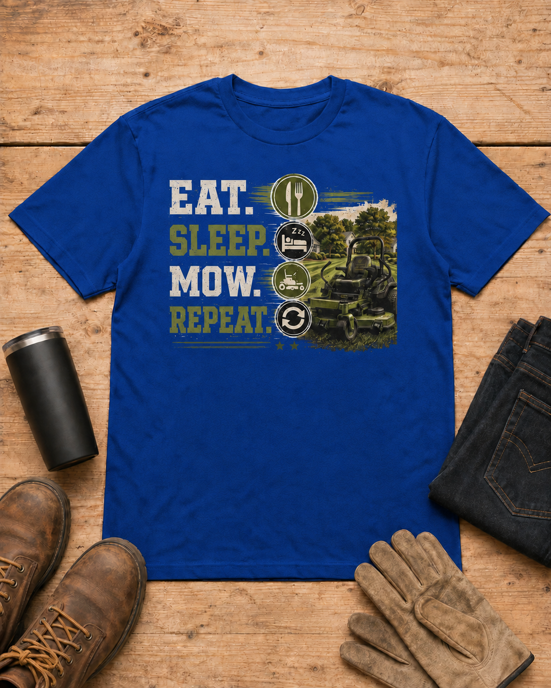 Eat Sleep Mow Repeat Lawn Care Shirt in Royal Blue workbench flat lay