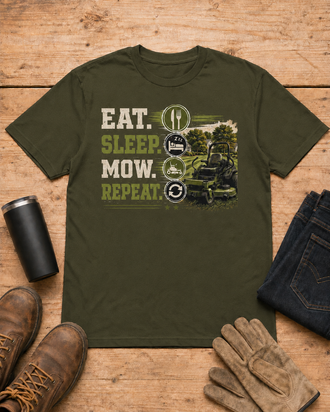 Eat Sleep Mow Repeat Lawn Care Shirt in Military Green workbench flat lay