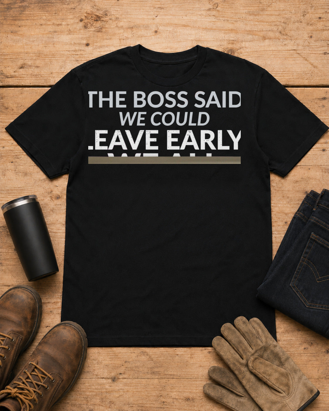 The Boss Said We Could Work Humor Shirt in Black workbench flat lay