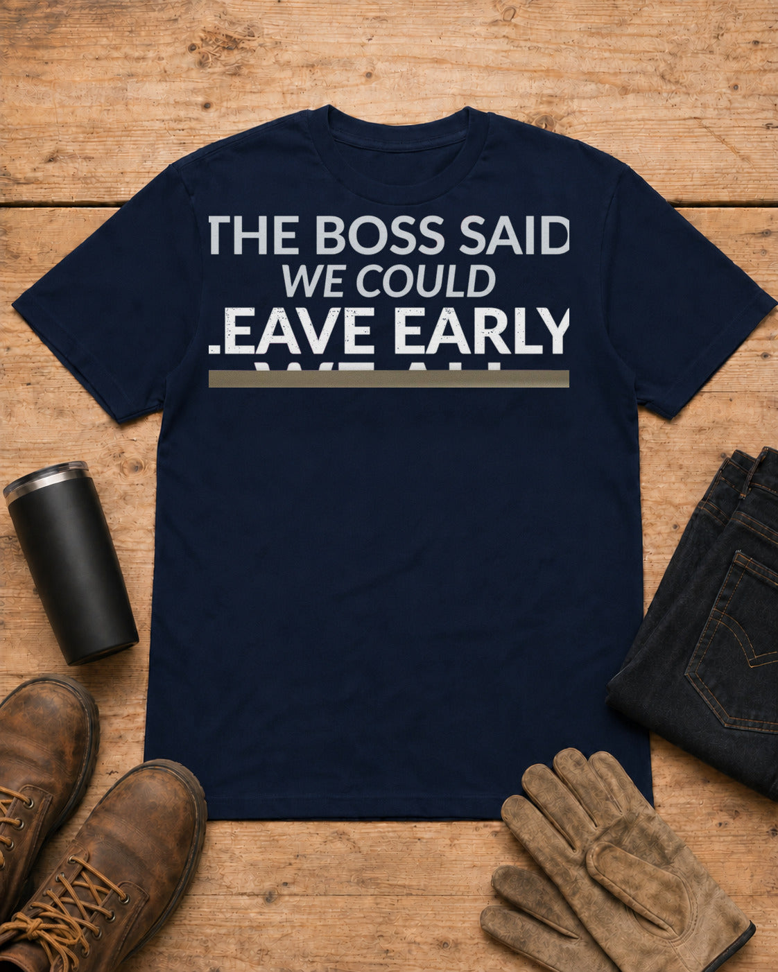 The Boss Said We Could Work Humor Shirt in Navy workbench flat lay