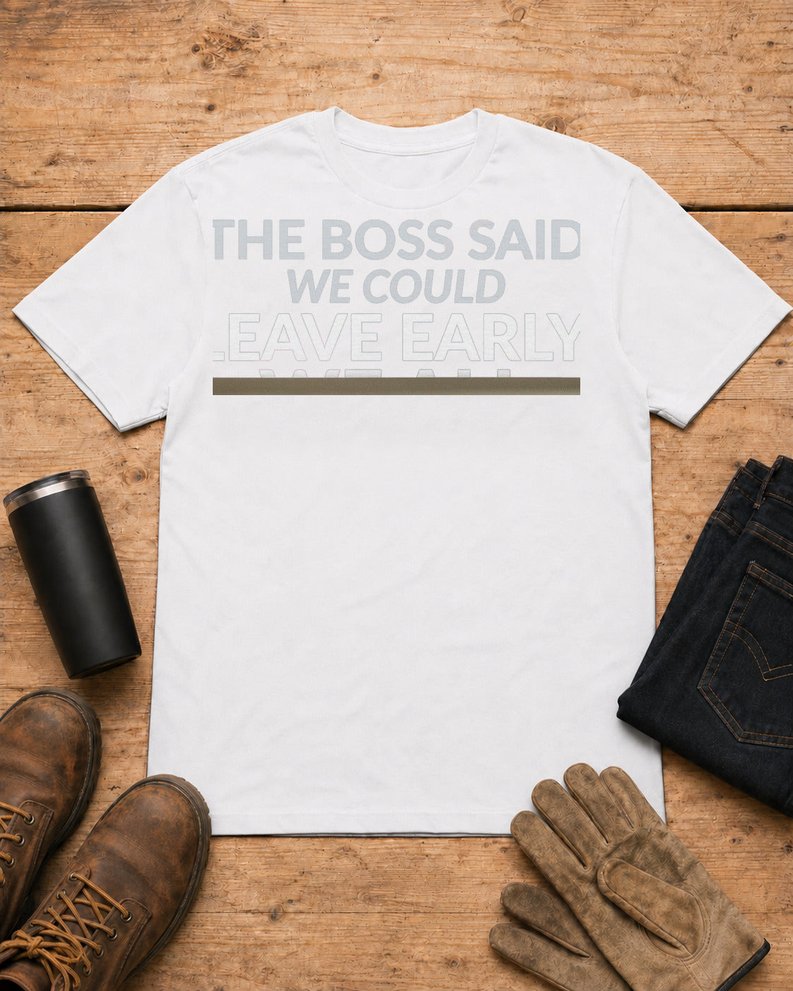 The Boss Said We Could Work Humor Shirt in White workbench flat lay