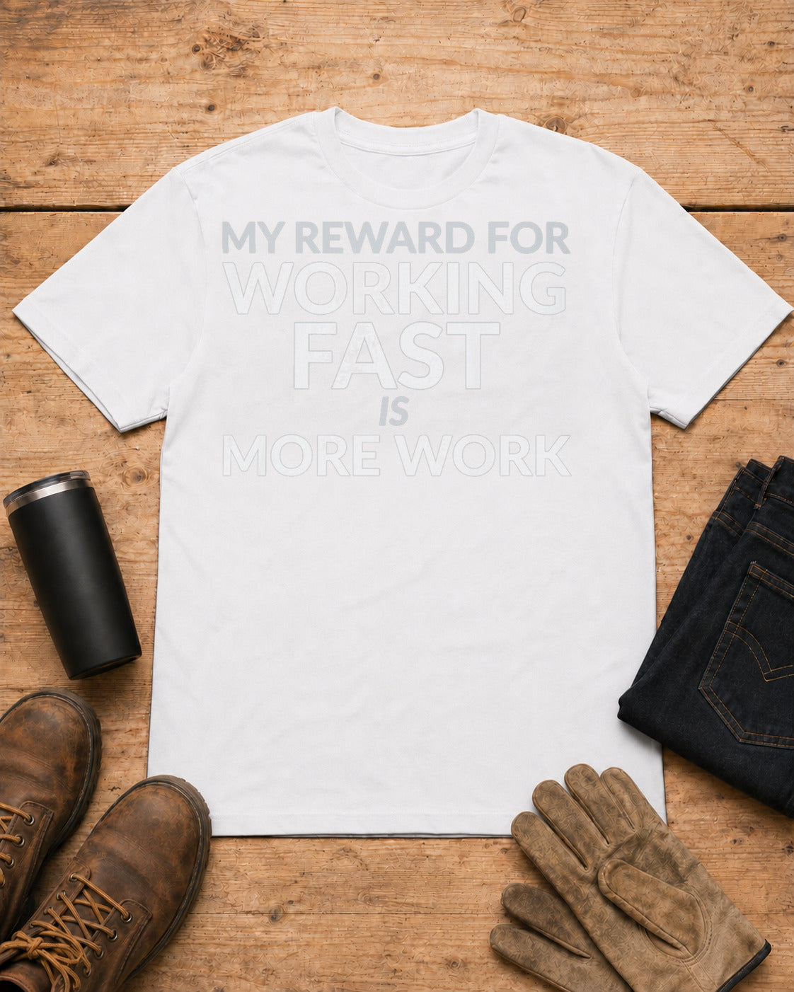 Working Fast Means More Work Funny Employee Shirt in White workbench flat lay