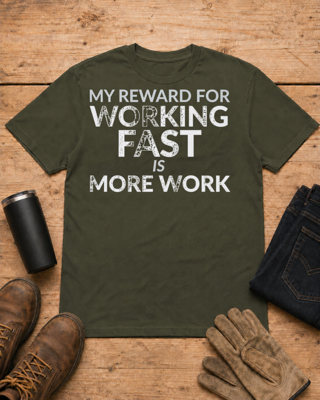 Working Fast Means More Work Funny Employee Shirt in Military Green workbench flat lay