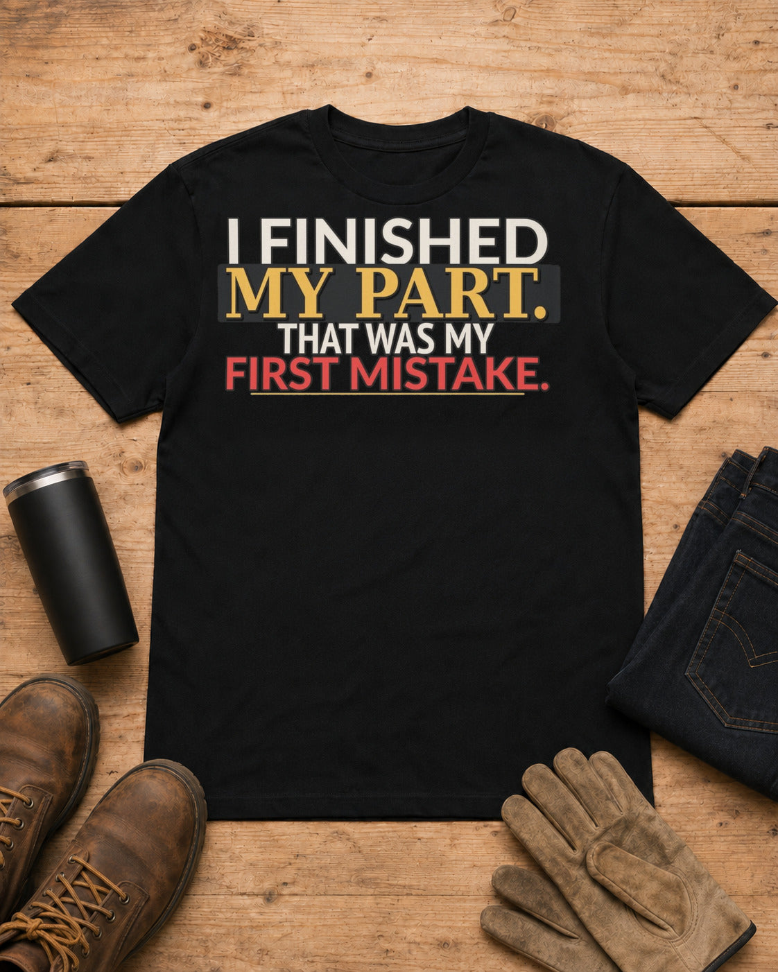 I Finished My Part First Mistake Work Humor Shirt in Black workbench flat lay