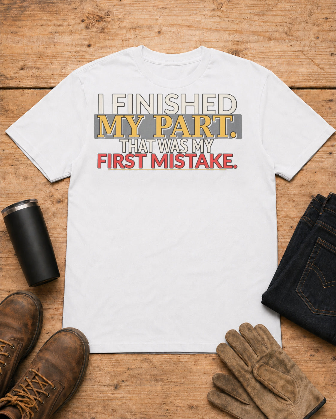 I Finished My Part First Mistake Work Humor Shirt in White workbench flat lay