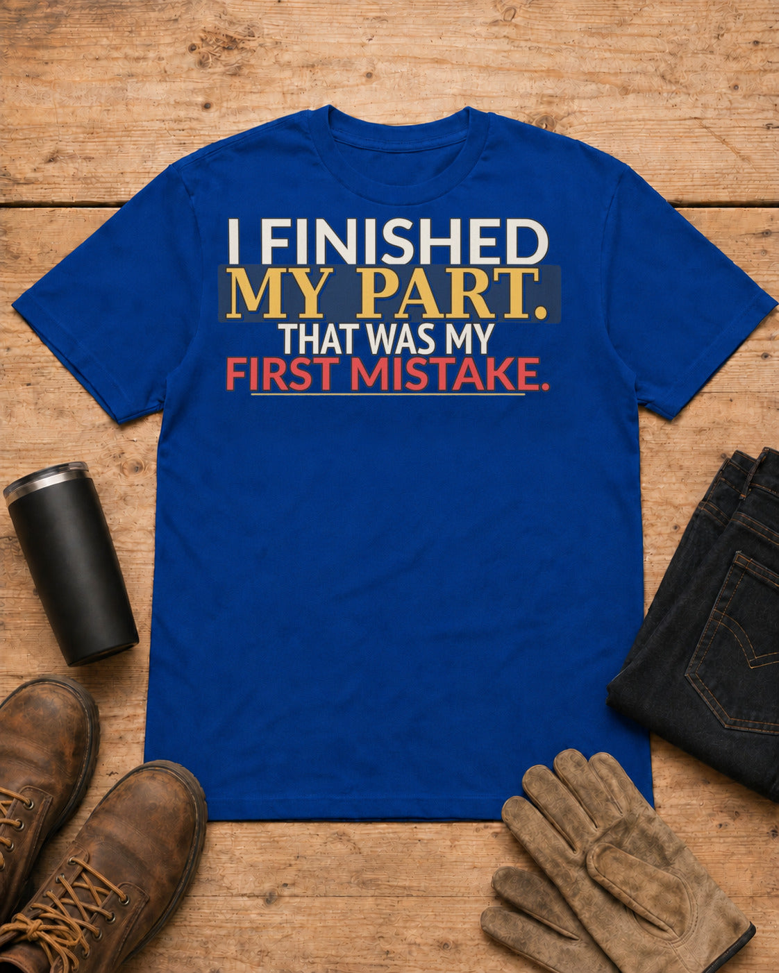I Finished My Part First Mistake Work Humor Shirt in Royal Blue workbench flat lay
