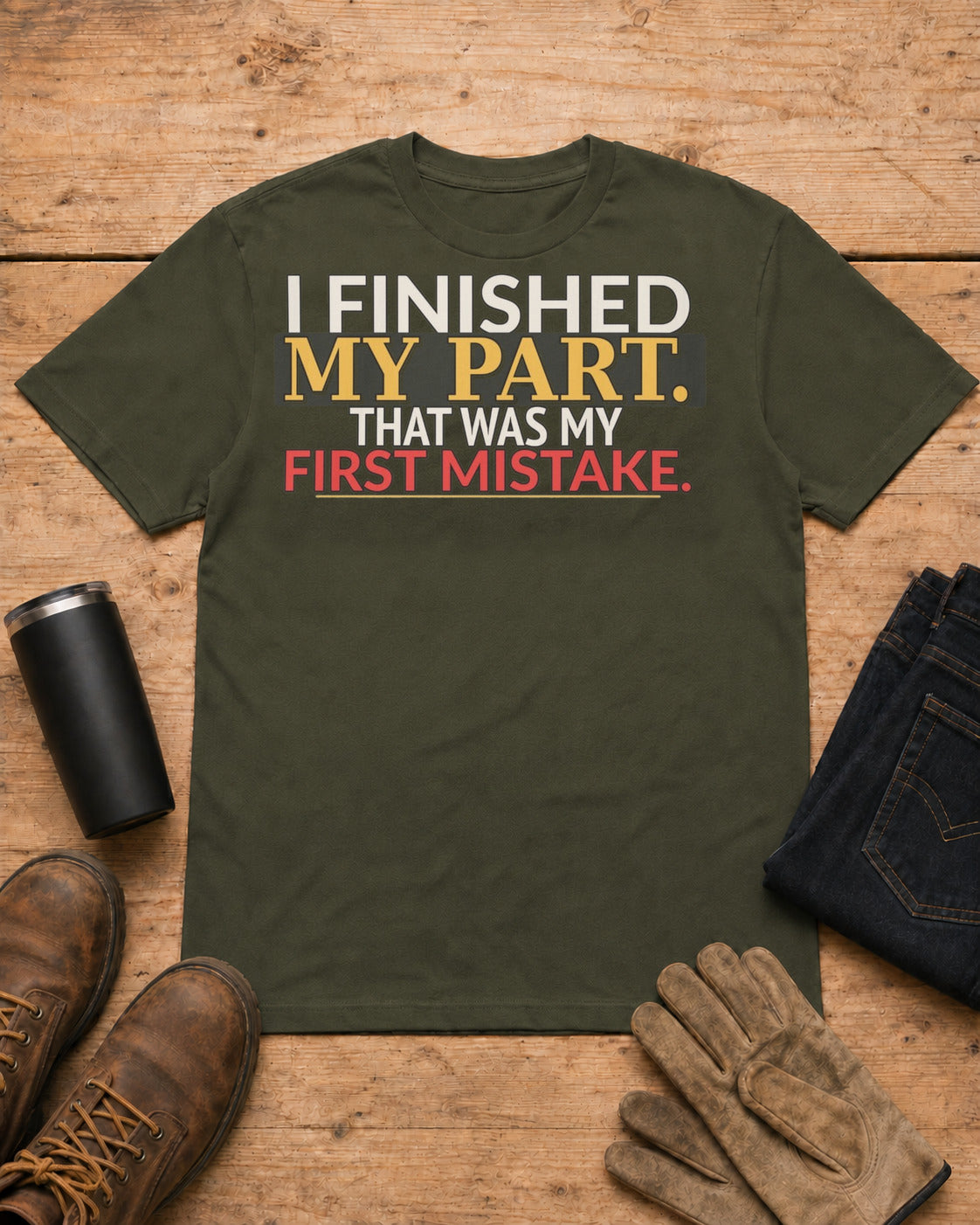 I Finished My Part First Mistake Work Humor Shirt in Military Green workbench flat lay