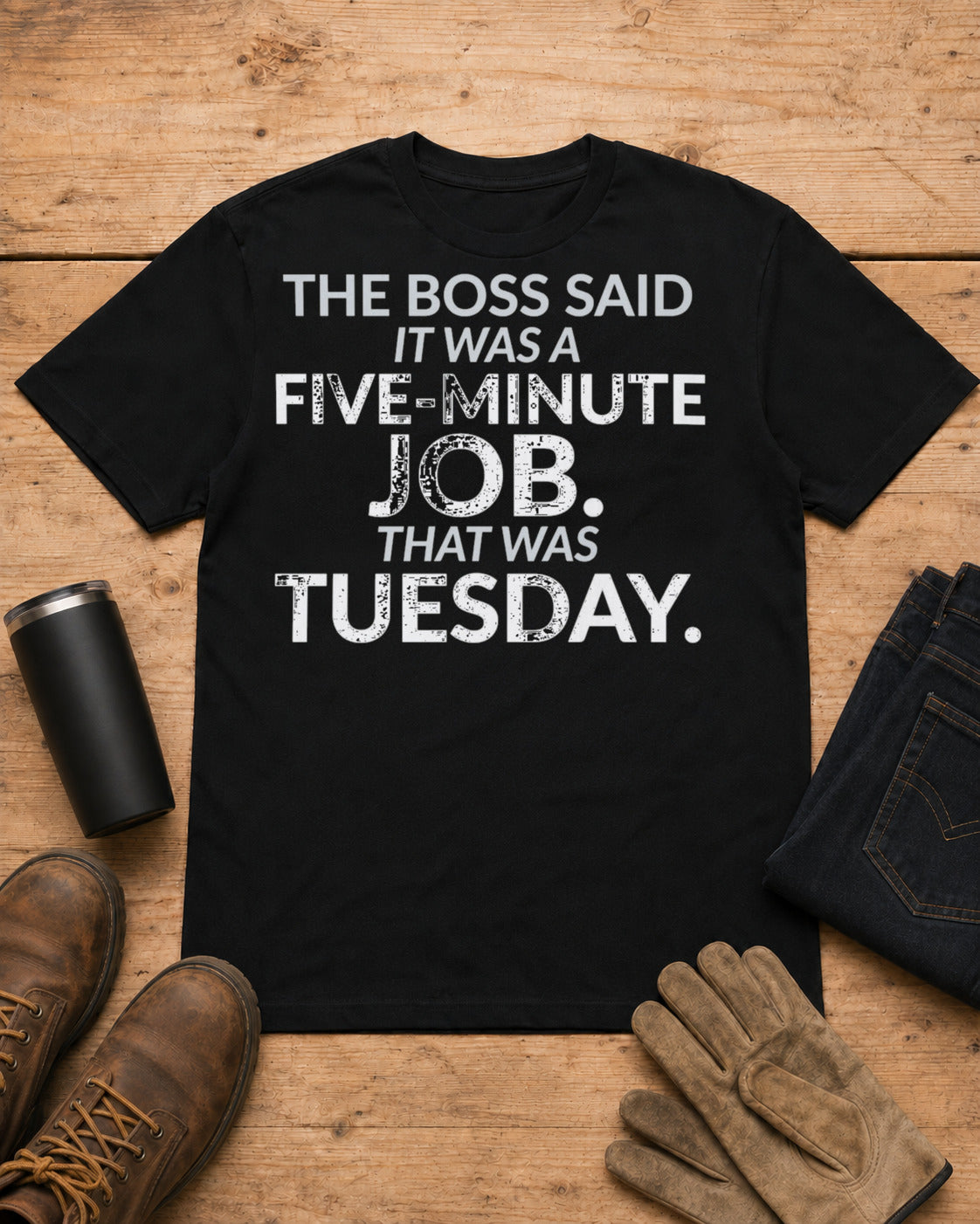 Five-Minute Job That Was Tuesday Funny Boss Shirt in Black workbench flat lay