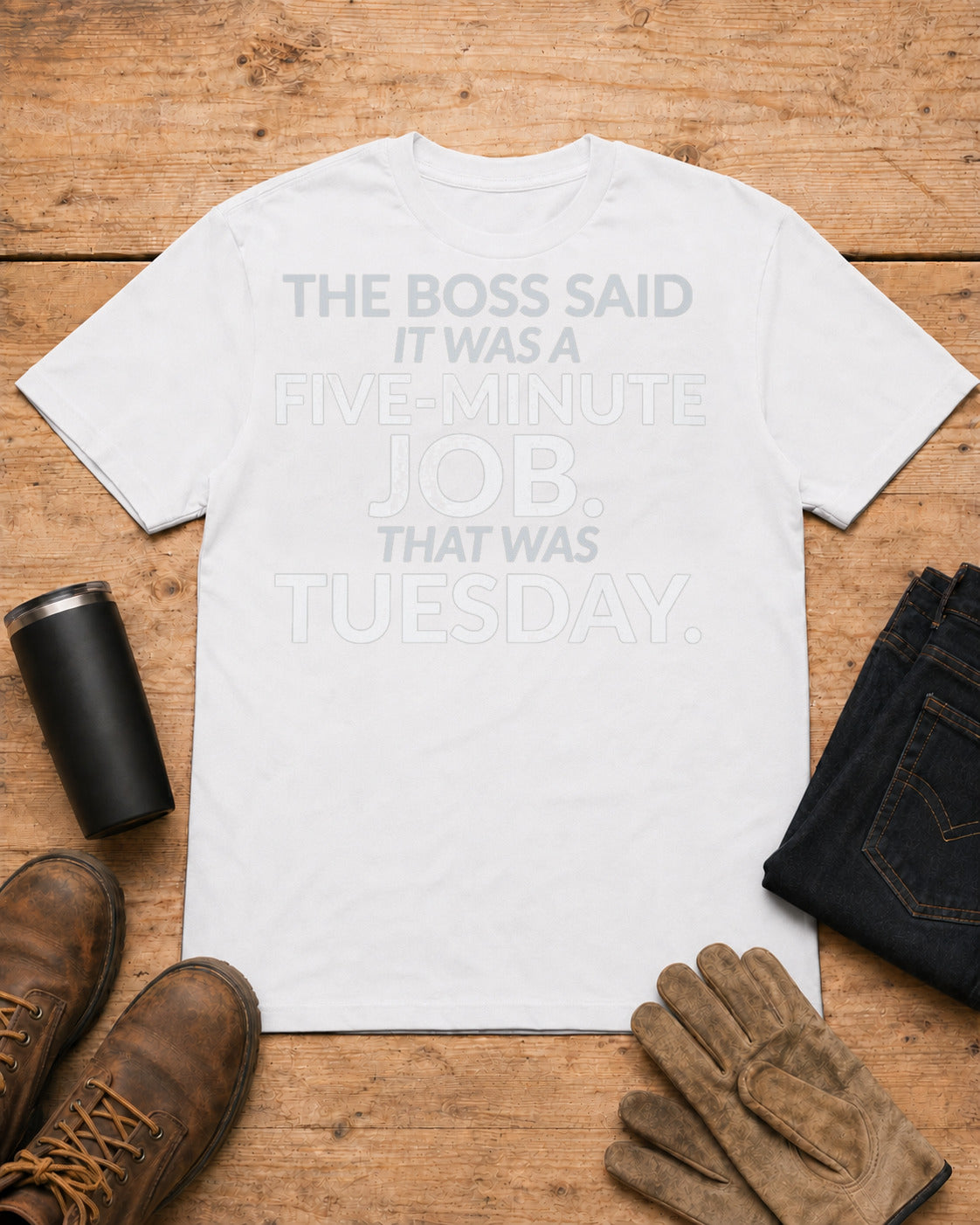 Five-Minute Job That Was Tuesday Funny Boss Shirt in White workbench flat lay