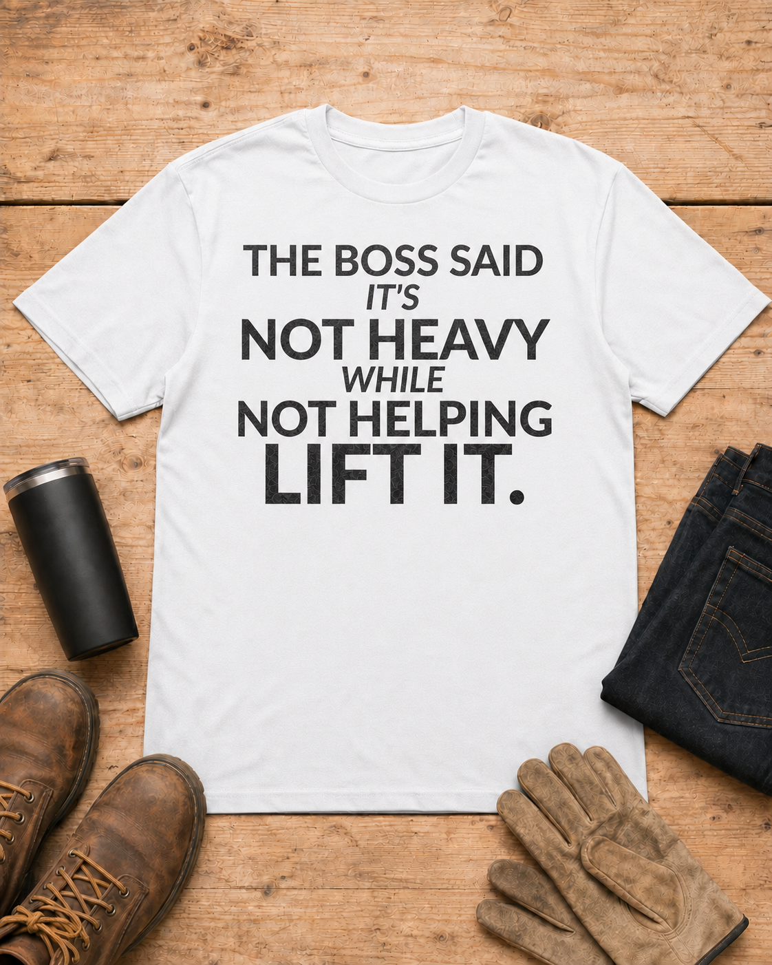 Not Heavy While Not Helping Funny Boss Shirt in White workbench flat lay