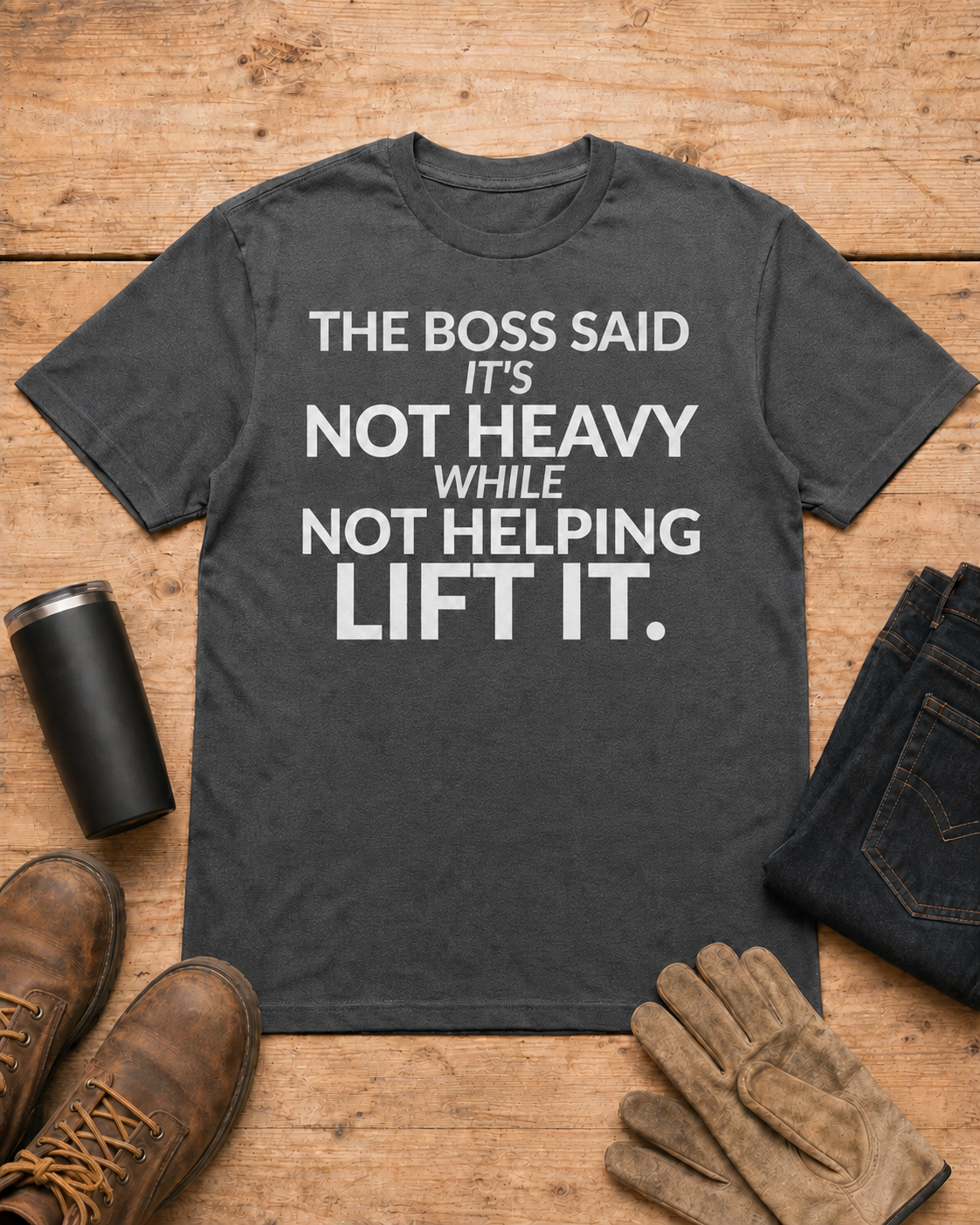 Not Heavy While Not Helping Funny Boss Shirt in Dark Heather workbench flat lay