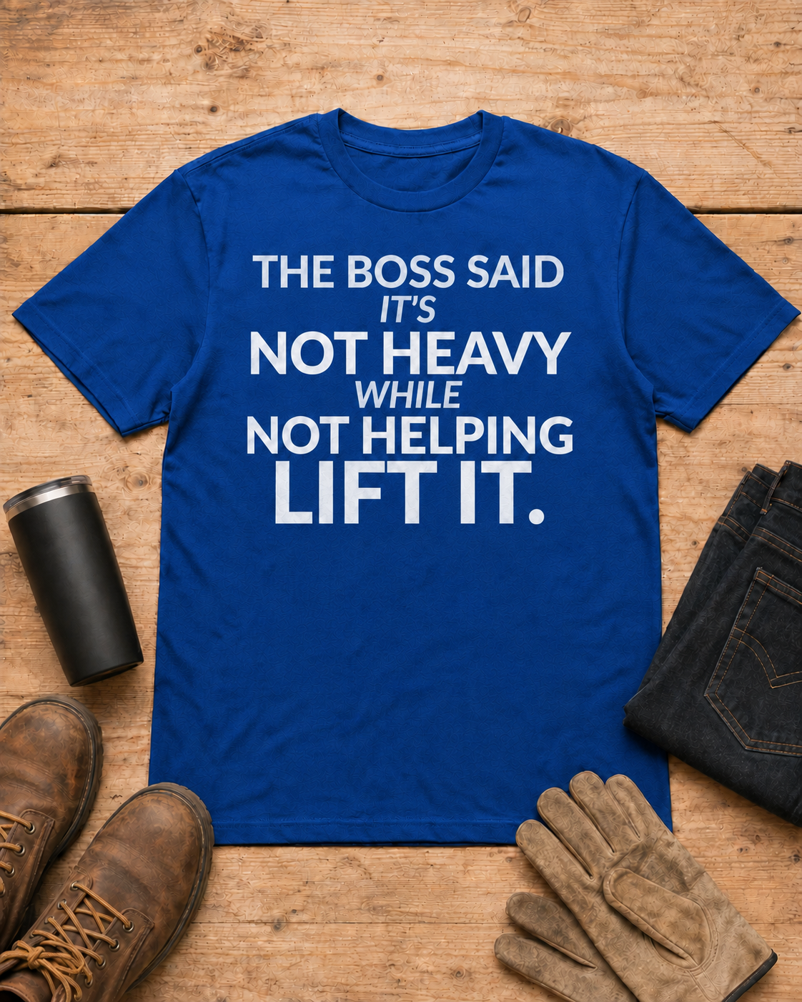 Not Heavy While Not Helping Funny Boss Shirt in Royal Blue workbench flat lay