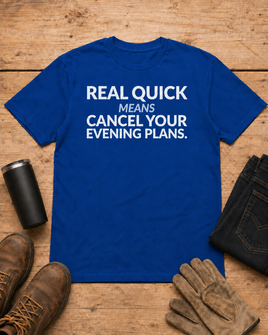 Real Quick Means Cancel Your Evening Plans Shirt in Royal Blue workbench flat lay