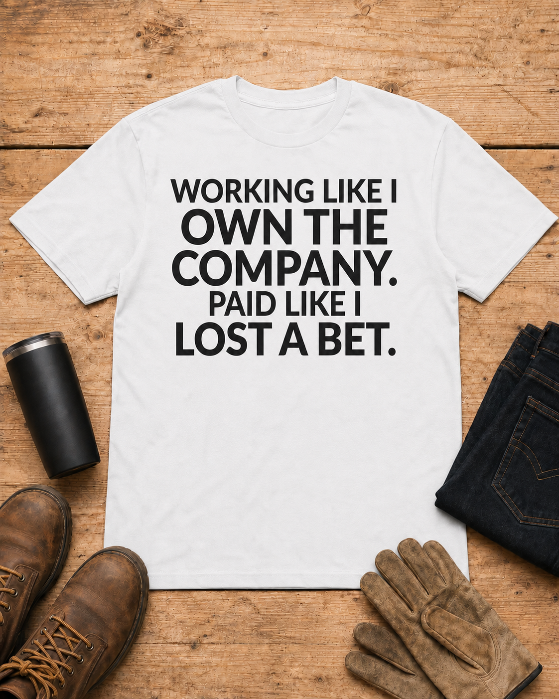 Working Like I Own It Paid Like I Lost Shirt in White workbench flat lay