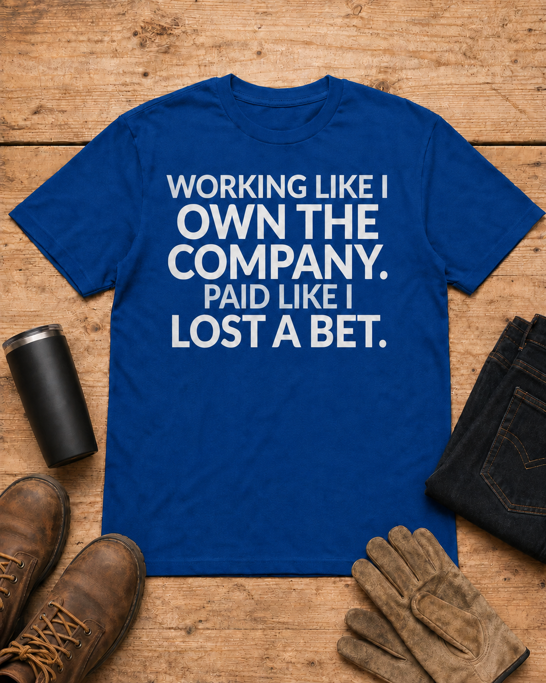 Working Like I Own It Paid Like I Lost Shirt in Royal Blue workbench flat lay