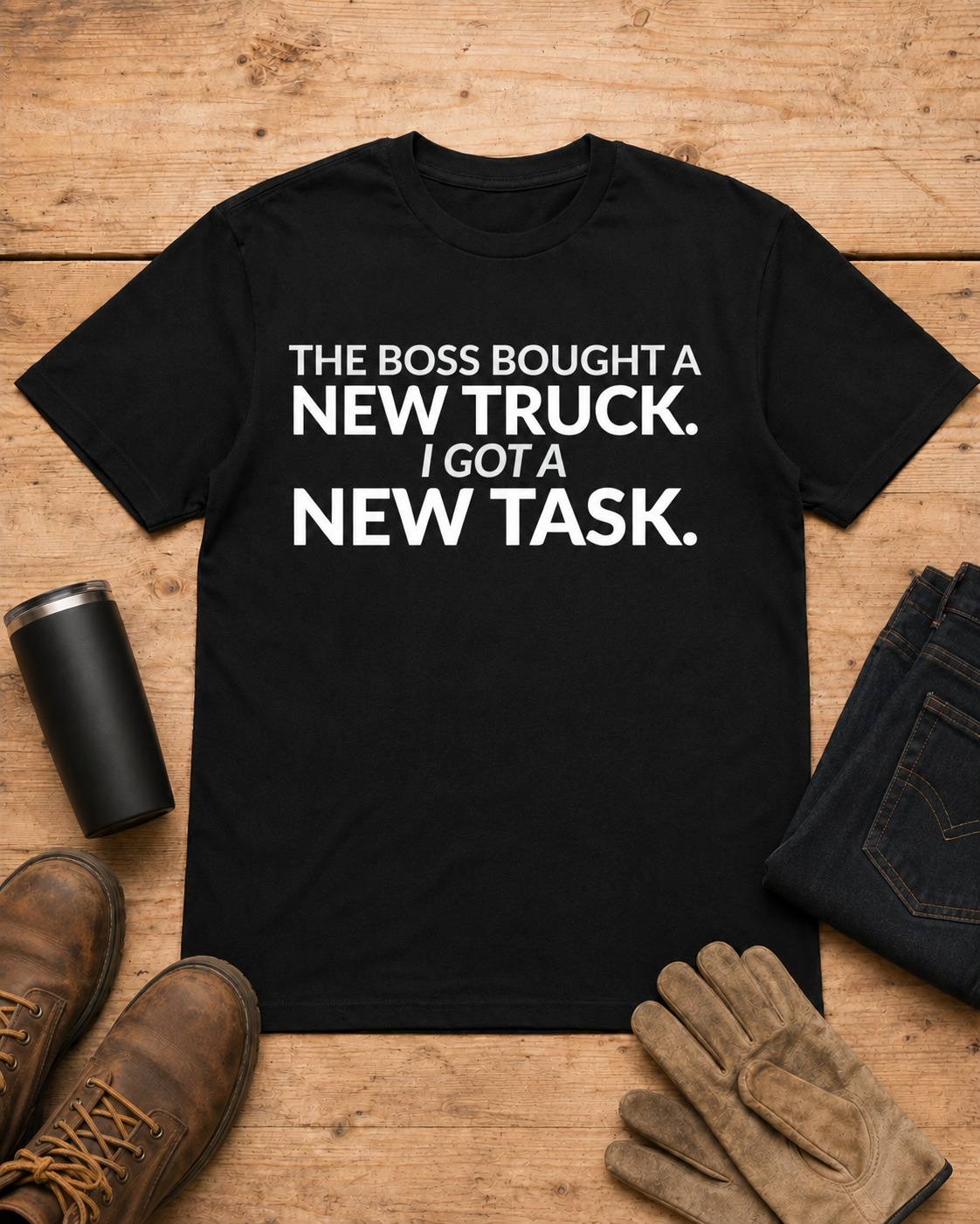 Boss Got a New Truck I Got Work Shirt in Black workbench flat lay