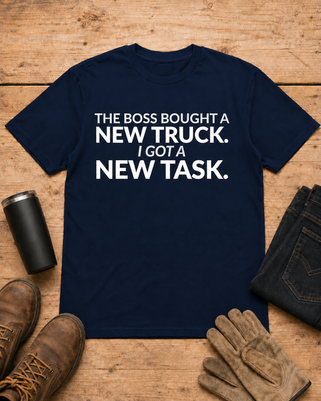 Boss Got a New Truck I Got Work Shirt in Navy workbench flat lay