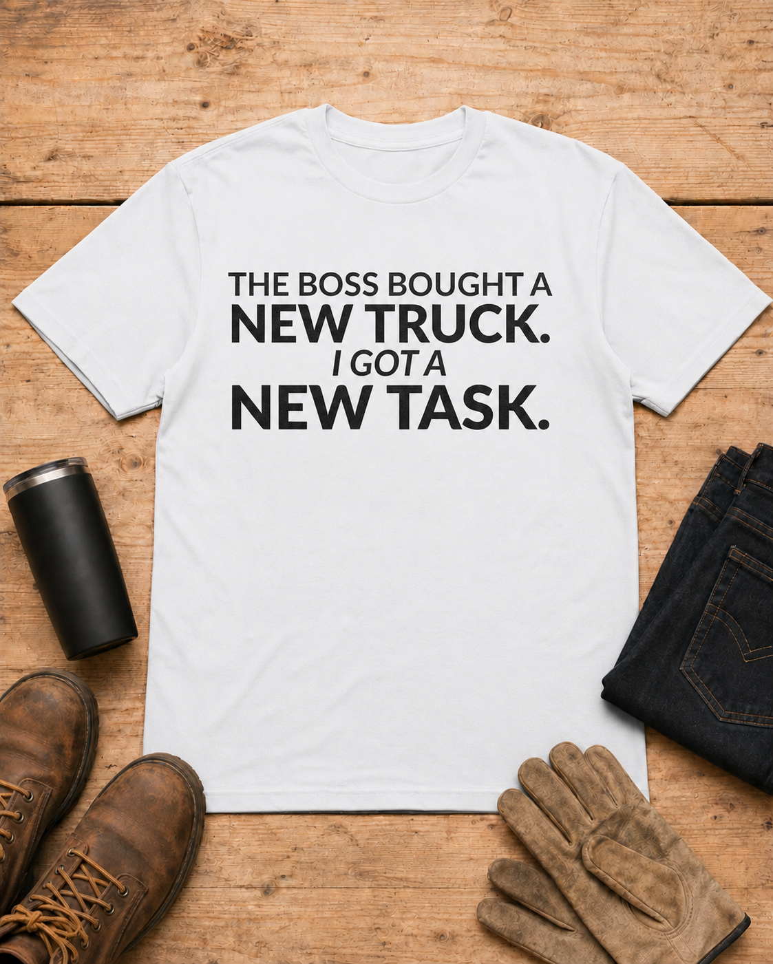 Boss Got a New Truck I Got Work Shirt in White workbench flat lay