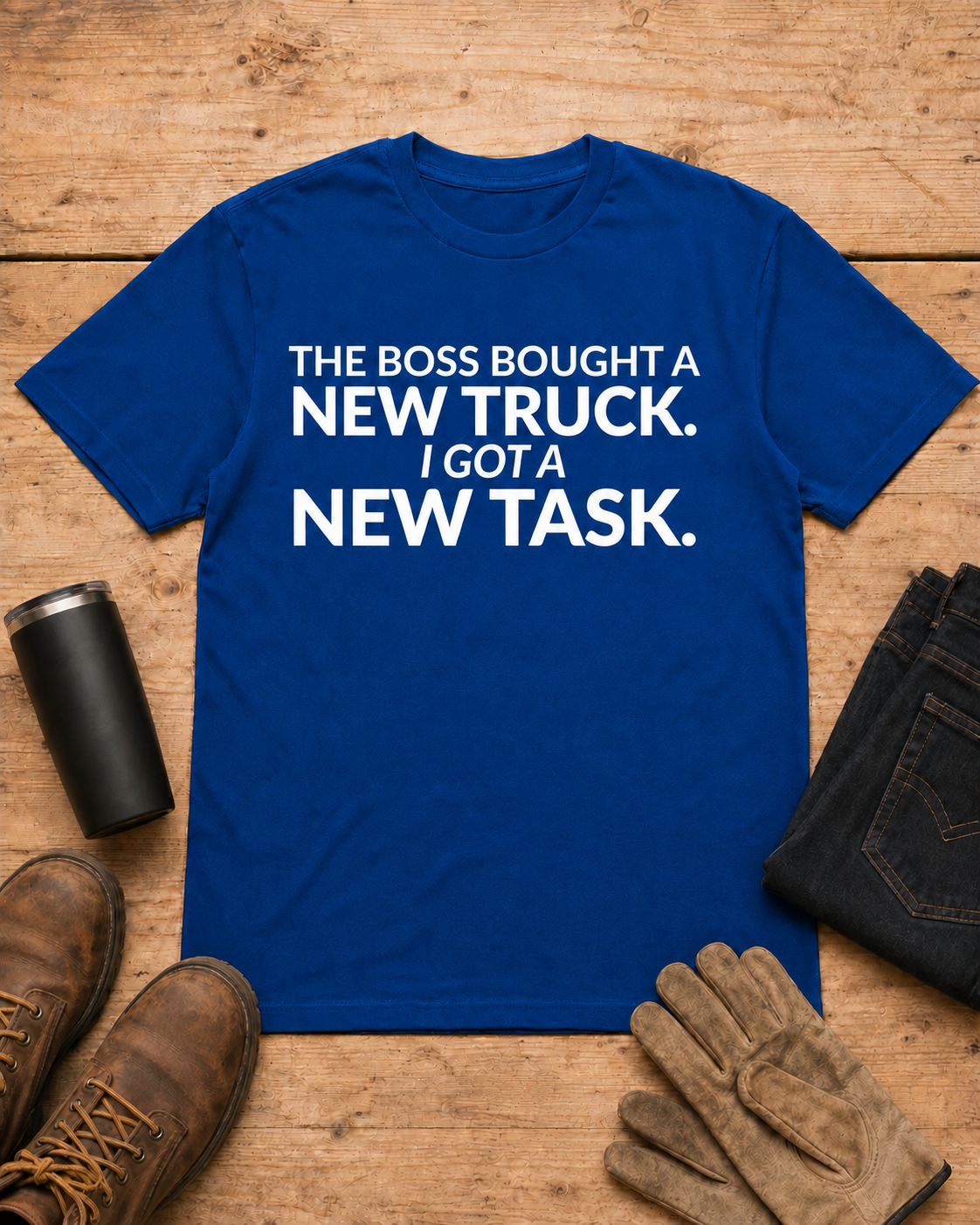 Boss Got a New Truck I Got Work Shirt in Royal Blue workbench flat lay