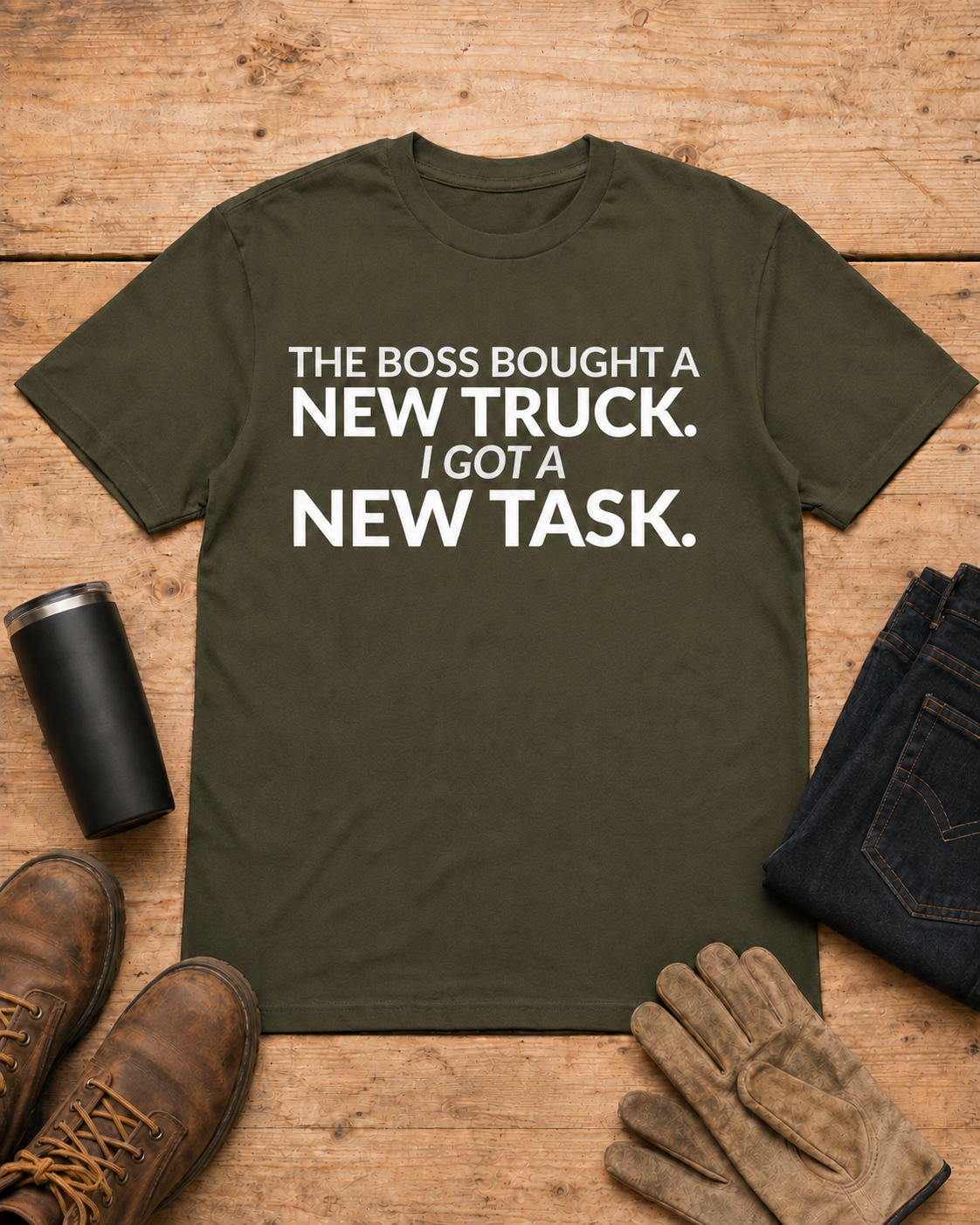 Boss Got a New Truck I Got Work Shirt in Military Green workbench flat lay