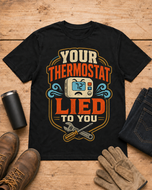 Your Thermostat Lied to You HVAC Shirt in Black workbench flat lay