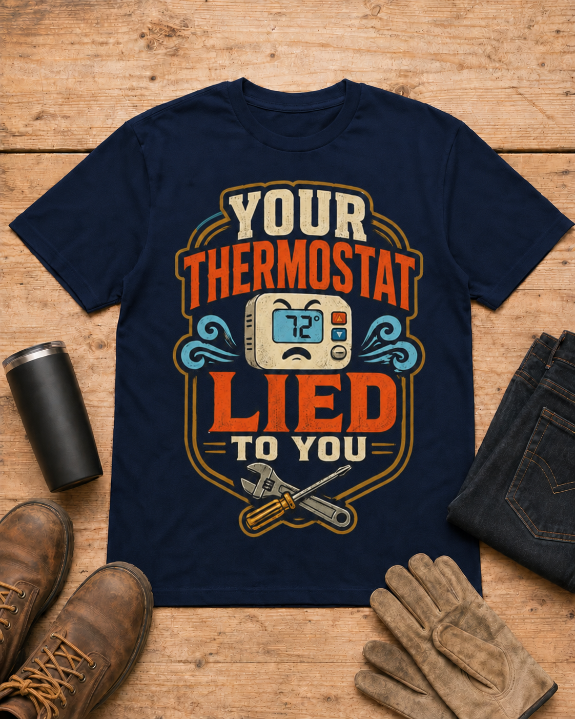 Your Thermostat Lied to You HVAC Shirt in Navy workbench flat lay