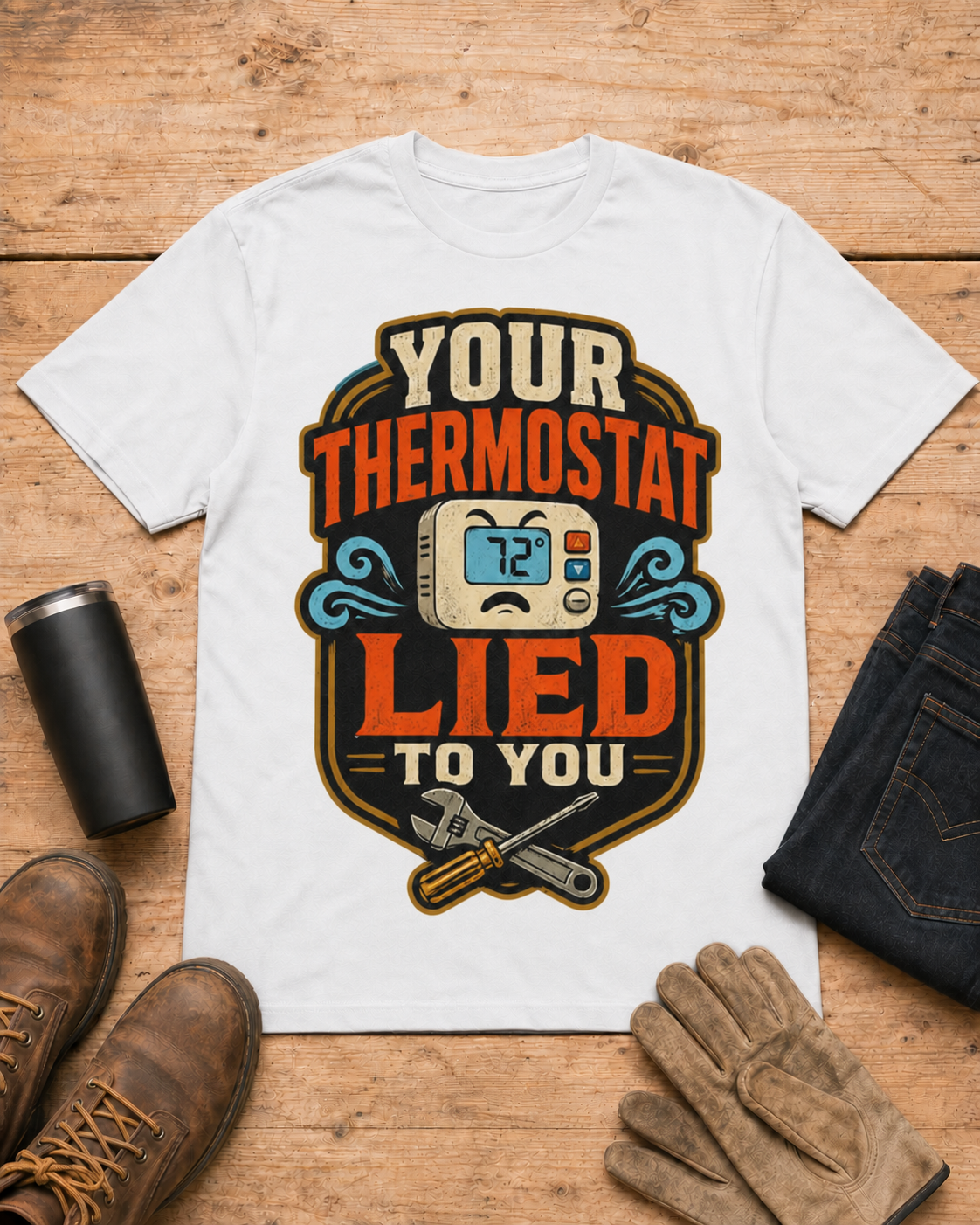 Your Thermostat Lied to You HVAC Shirt in White workbench flat lay