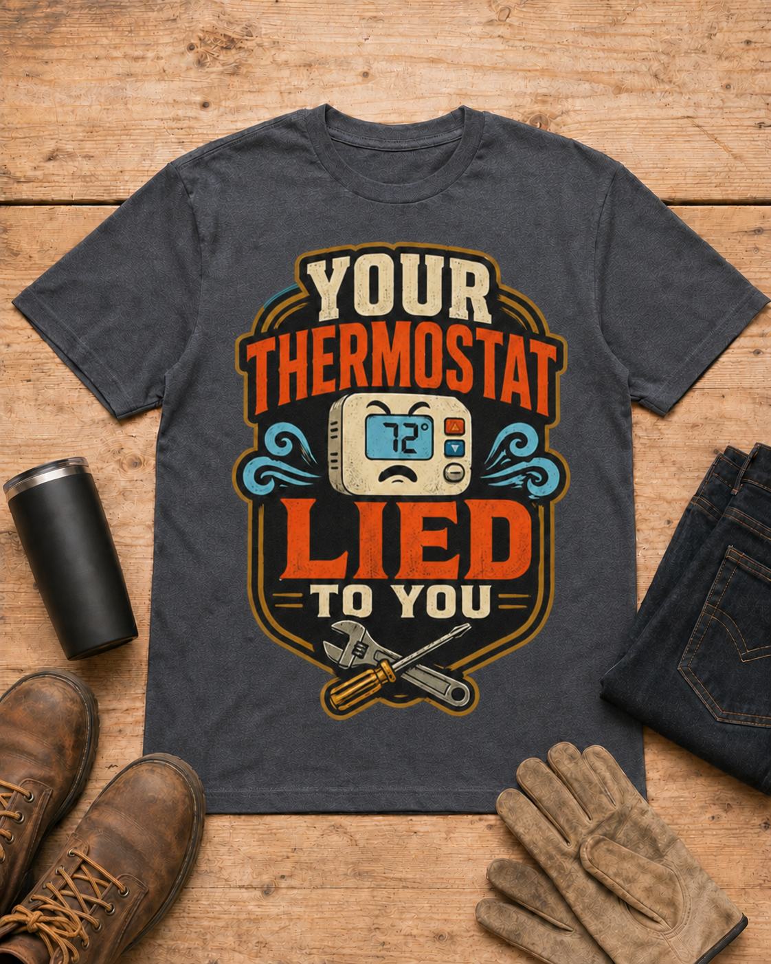 Your Thermostat Lied to You HVAC Shirt in Dark Heather workbench flat lay