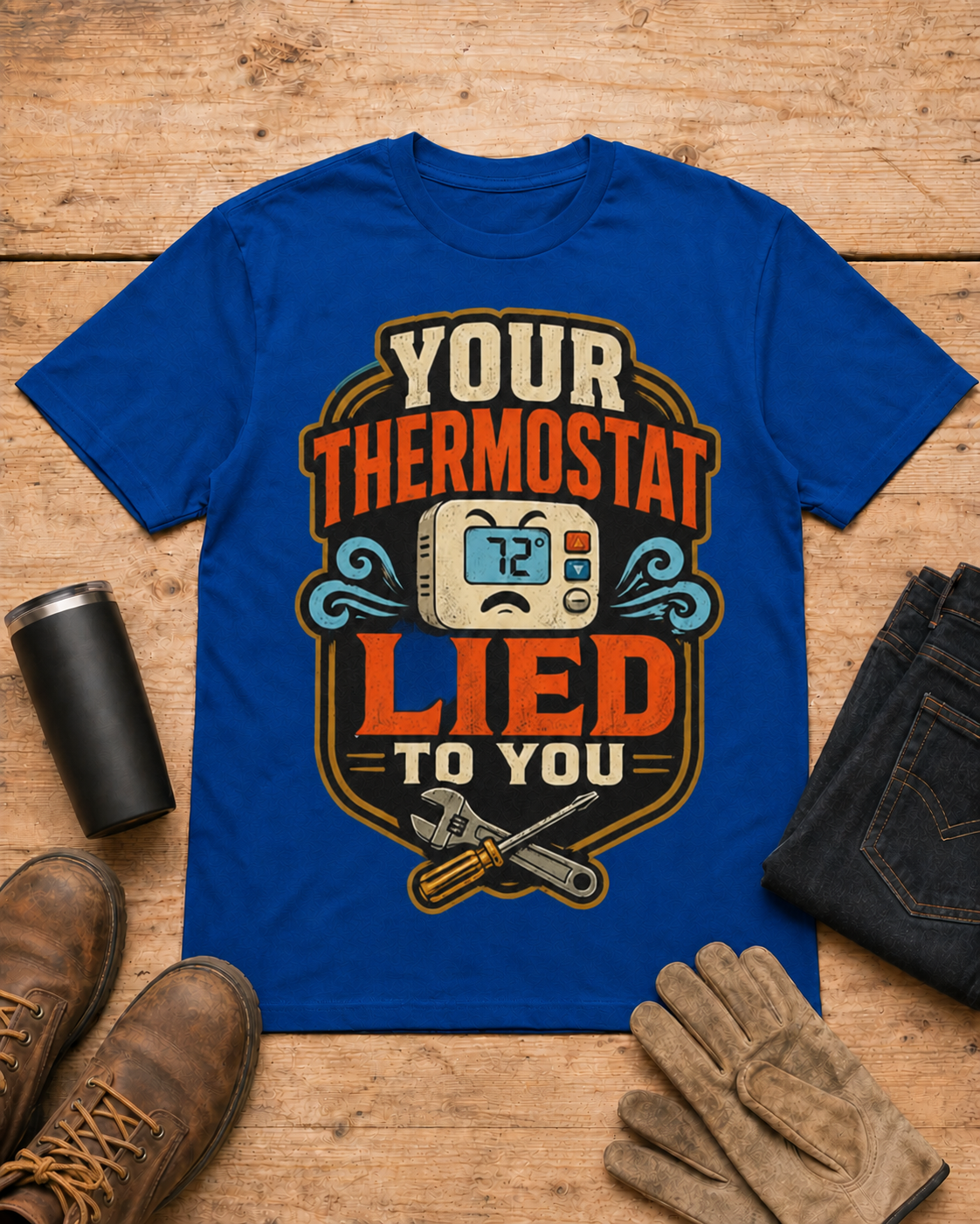 Your Thermostat Lied to You HVAC Shirt in Royal Blue workbench flat lay