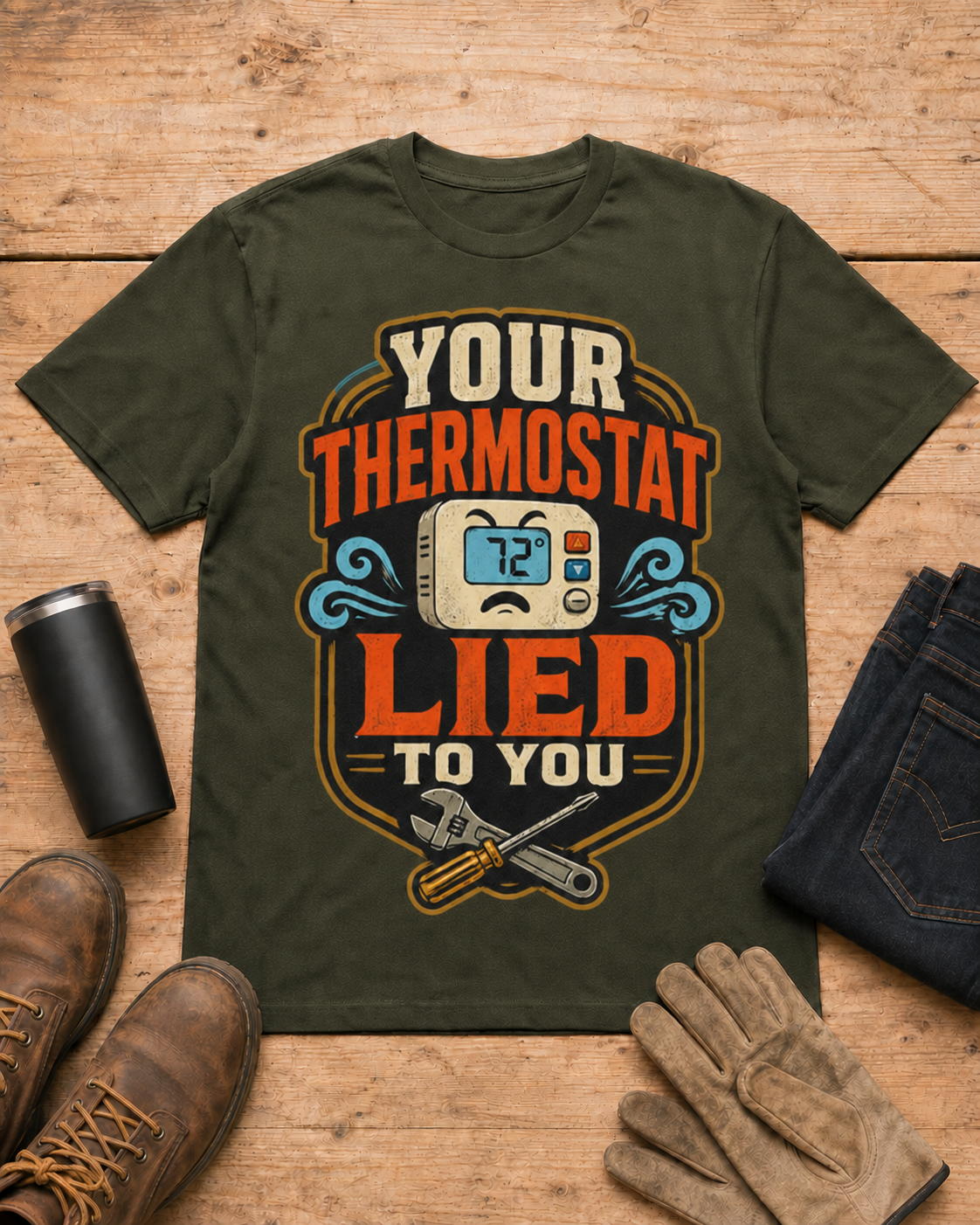 Your Thermostat Lied to You HVAC Shirt in Military Green workbench flat lay