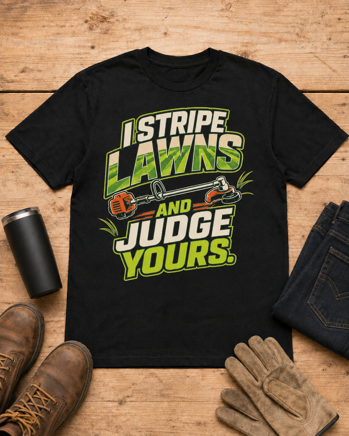 I Stripe Lawns and Judge Yours Lawn Care Shirt in Black workbench flat lay