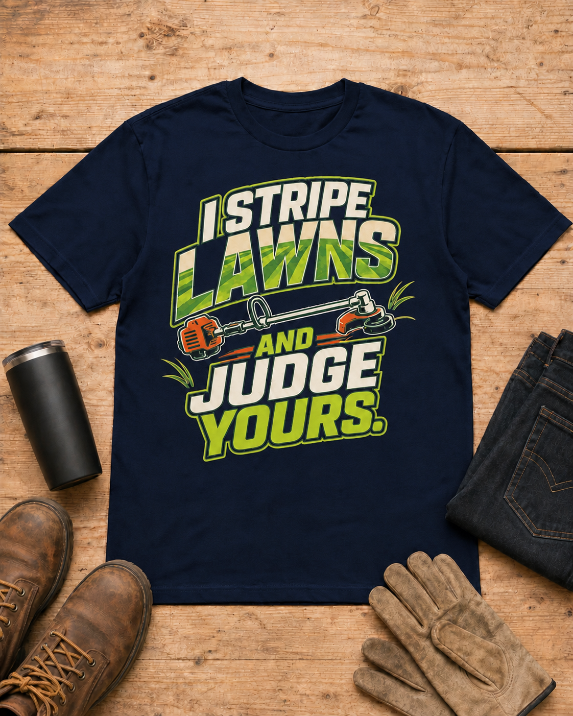 I Stripe Lawns and Judge Yours Lawn Care Shirt in Navy workbench flat lay