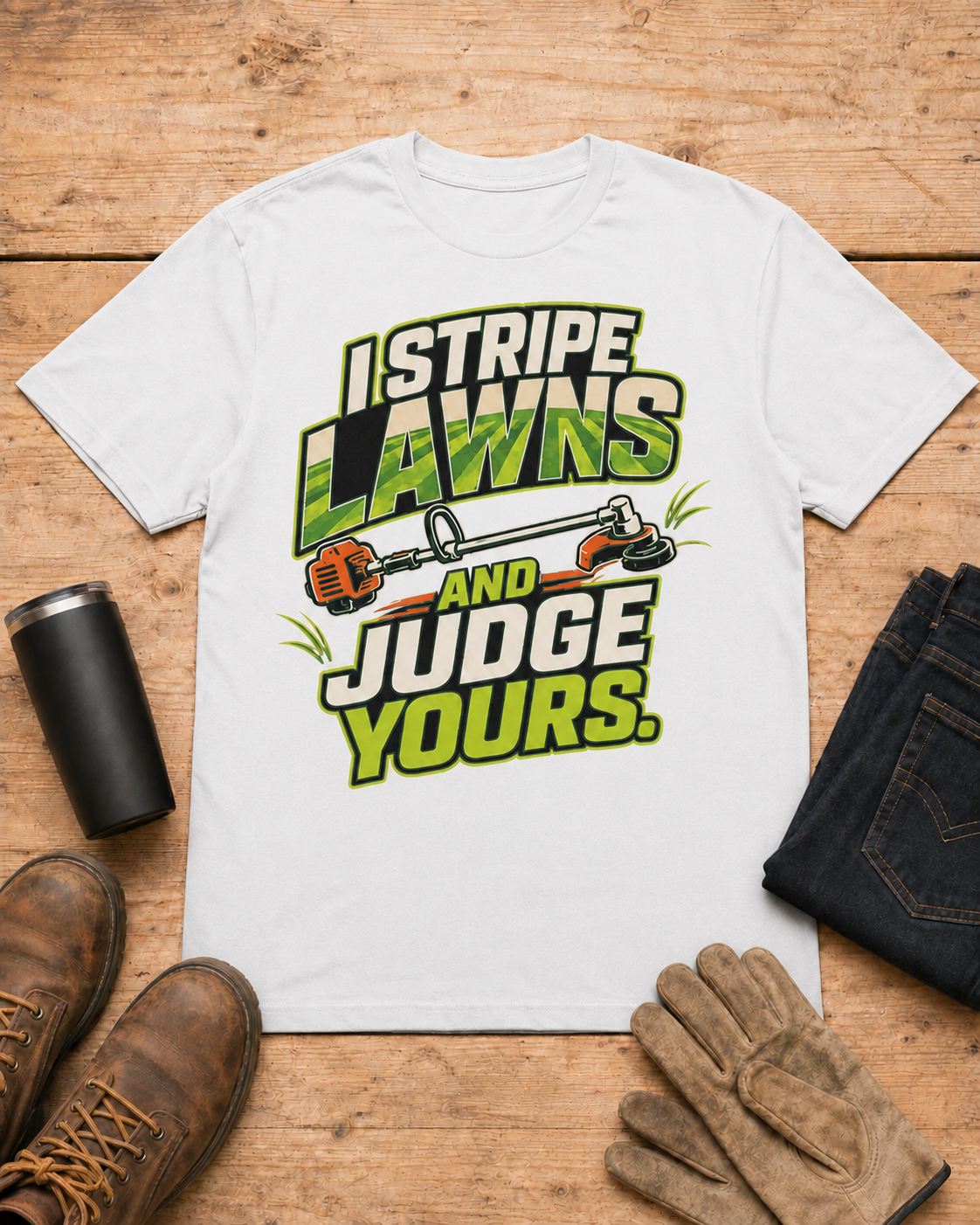 I Stripe Lawns and Judge Yours Lawn Care Shirt in White workbench flat lay