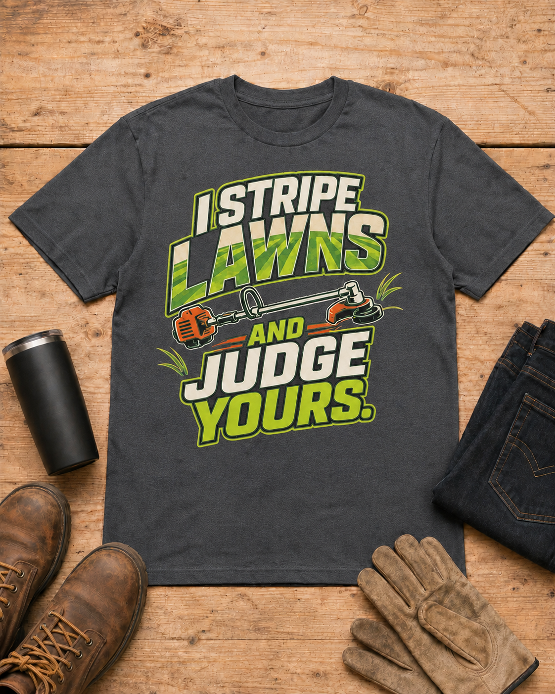 I Stripe Lawns and Judge Yours Lawn Care Shirt in Dark Heather workbench flat lay