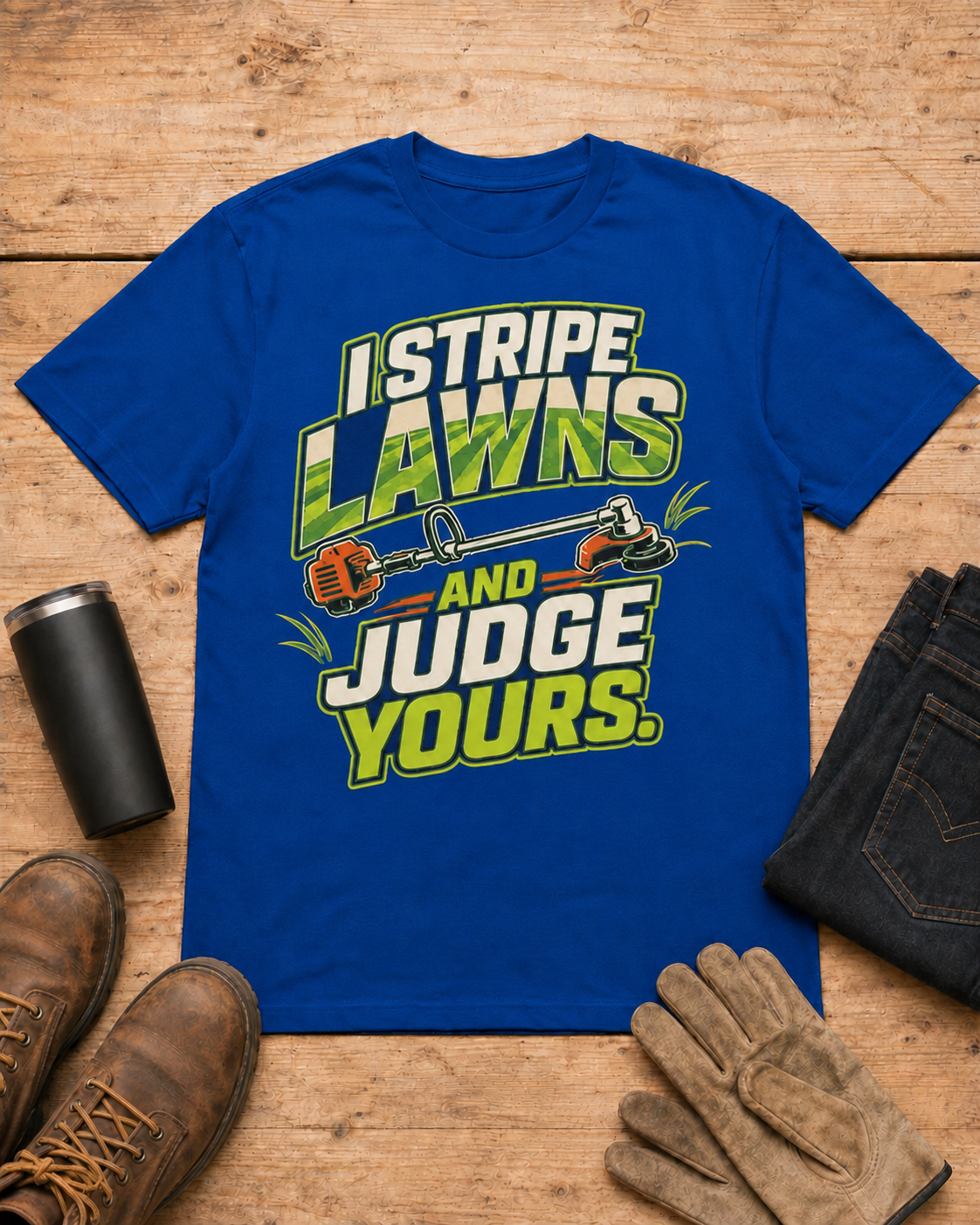 I Stripe Lawns and Judge Yours Lawn Care Shirt in Royal Blue workbench flat lay