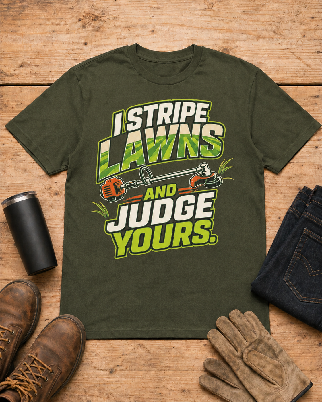 I Stripe Lawns and Judge Yours Lawn Care Shirt in Military Green workbench flat lay