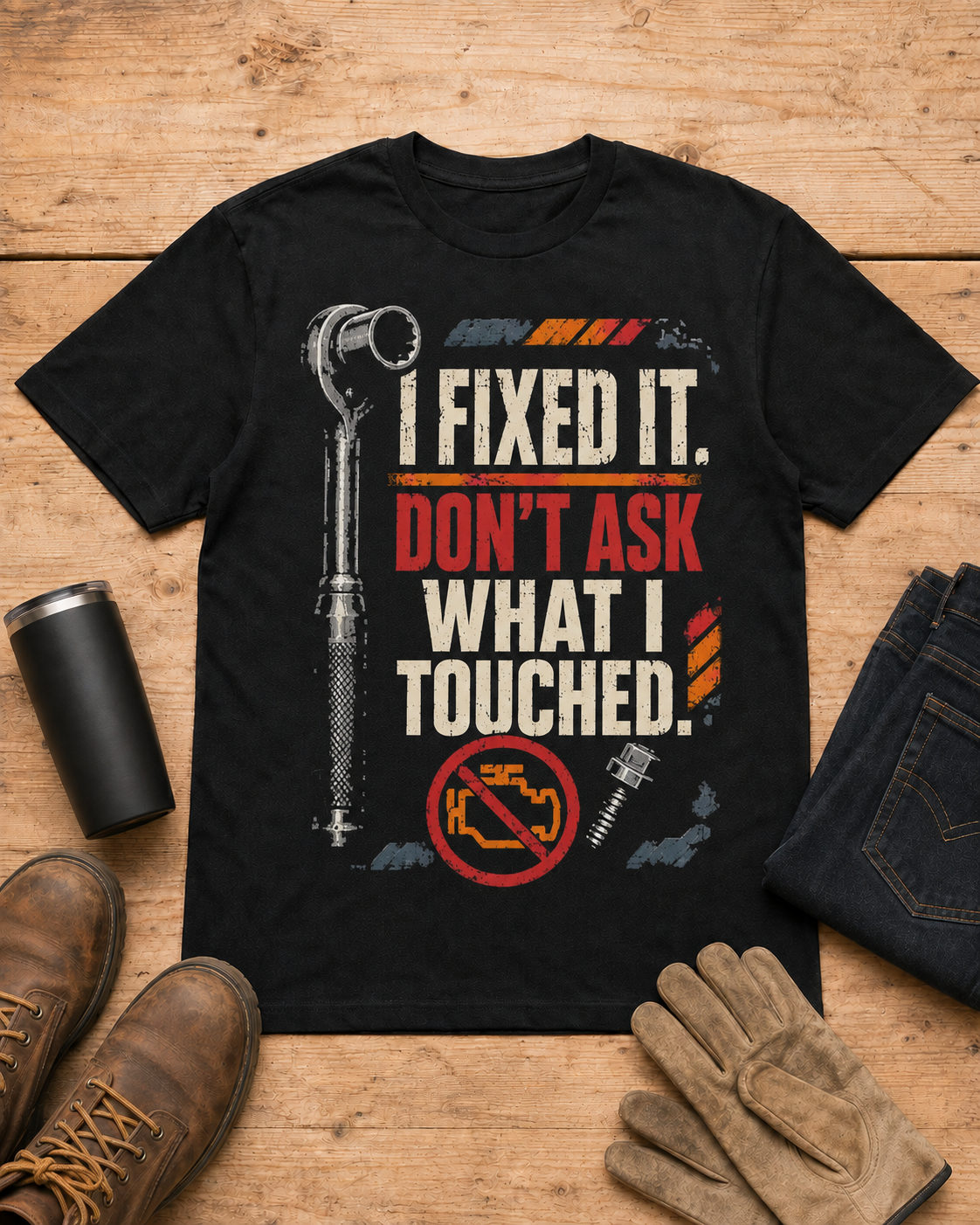 I Fixed It Don't Ask What I Touched Mechanic Shirt in Black workbench flat lay