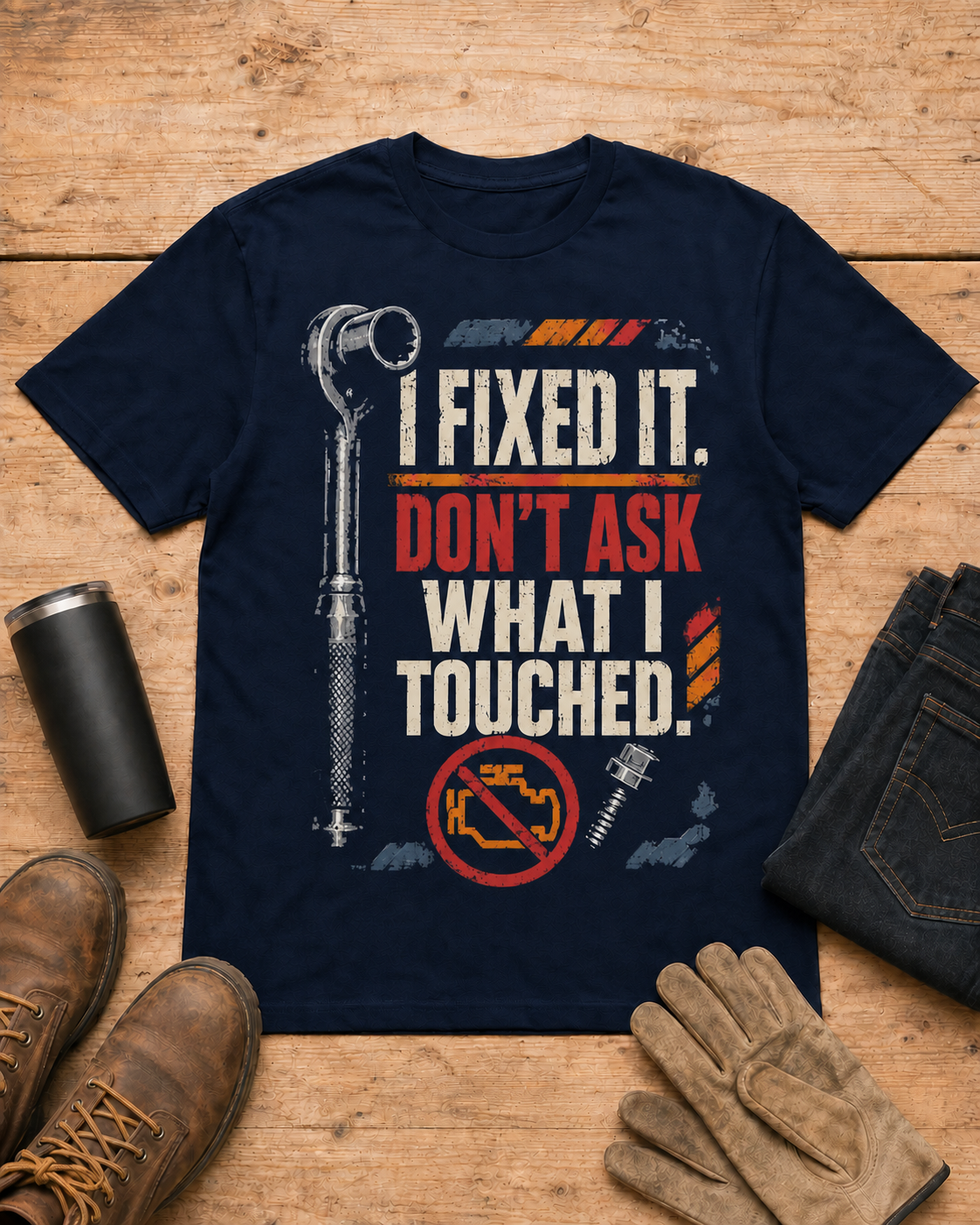 I Fixed It Don't Ask What I Touched Mechanic Shirt in Navy workbench flat lay
