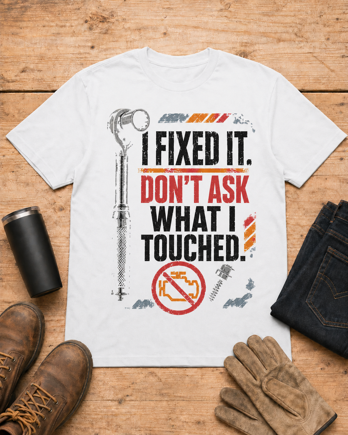 I Fixed It Don't Ask What I Touched Mechanic Shirt in White workbench flat lay