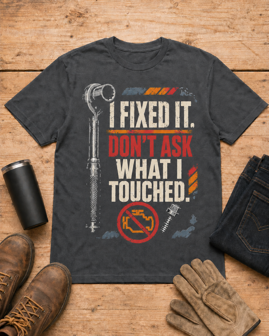 I Fixed It Don't Ask What I Touched Mechanic Shirt in Dark Heather workbench flat lay