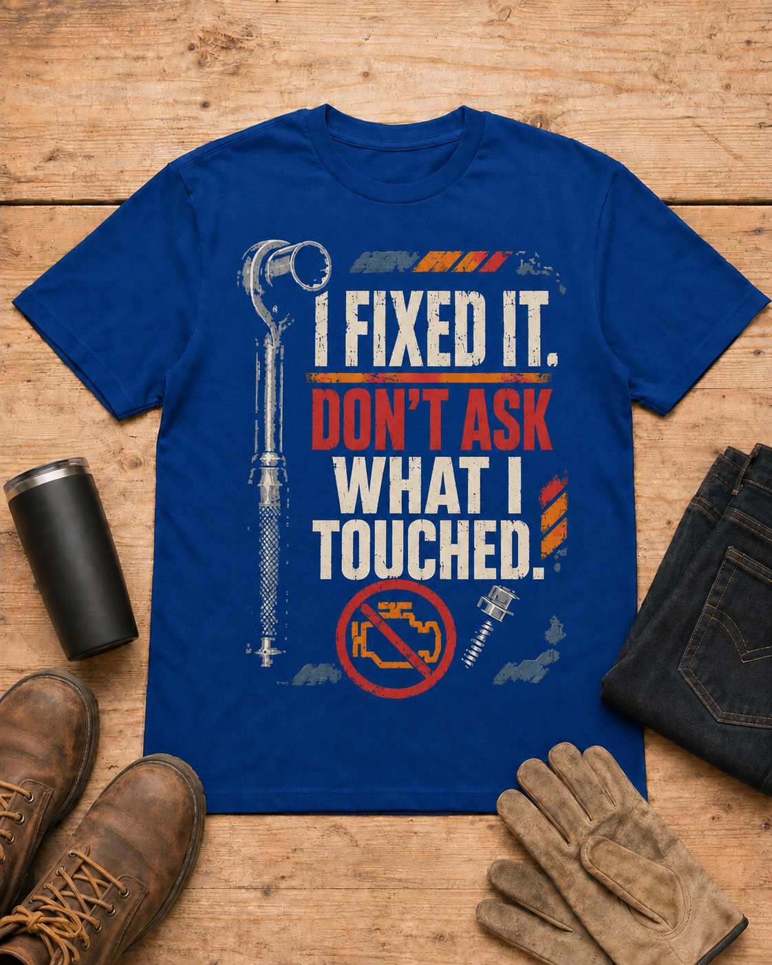 I Fixed It Don't Ask What I Touched Mechanic Shirt in Royal Blue workbench flat lay