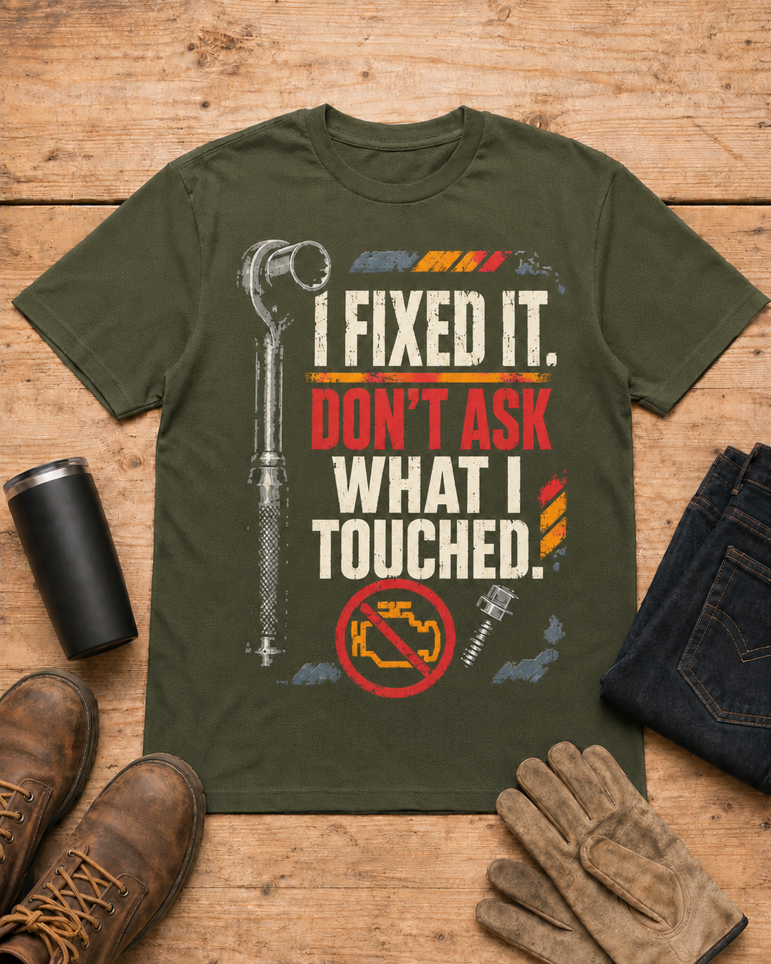 I Fixed It Don't Ask What I Touched Mechanic Shirt in Military Green workbench flat lay