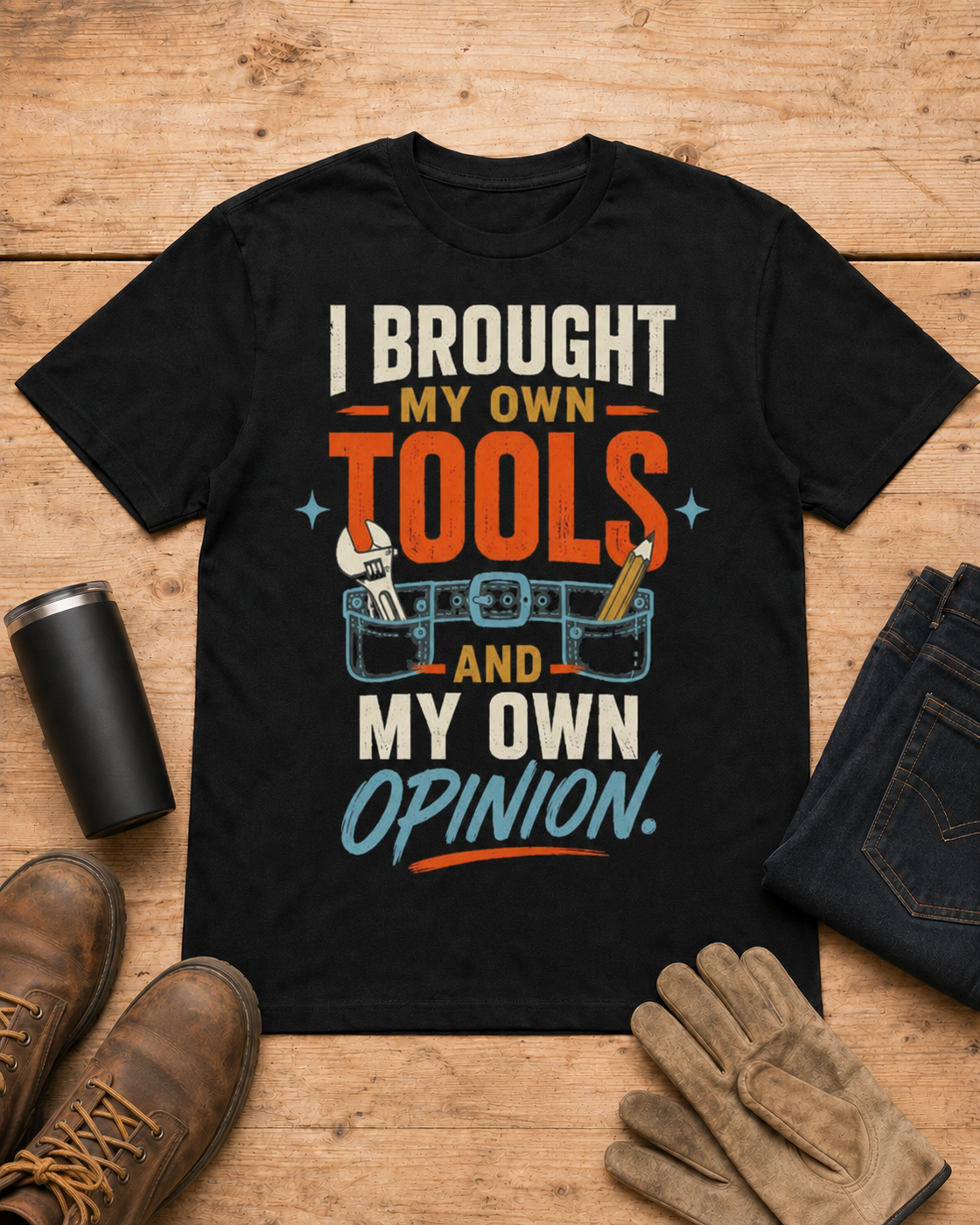 My Own Tools and My Own Opinion Tradeswoman Shirt in Black workbench flat lay