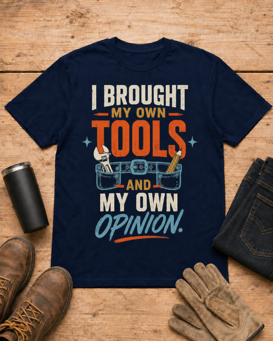 My Own Tools and My Own Opinion Tradeswoman Shirt in Navy workbench flat lay