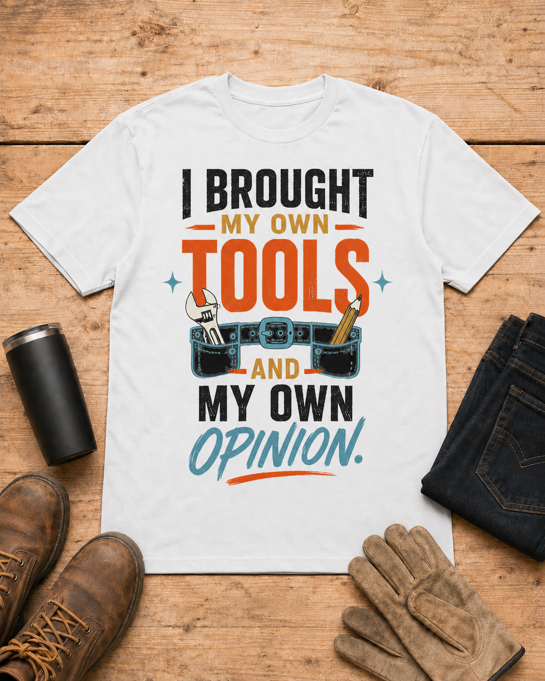 My Own Tools and My Own Opinion Tradeswoman Shirt in White workbench flat lay