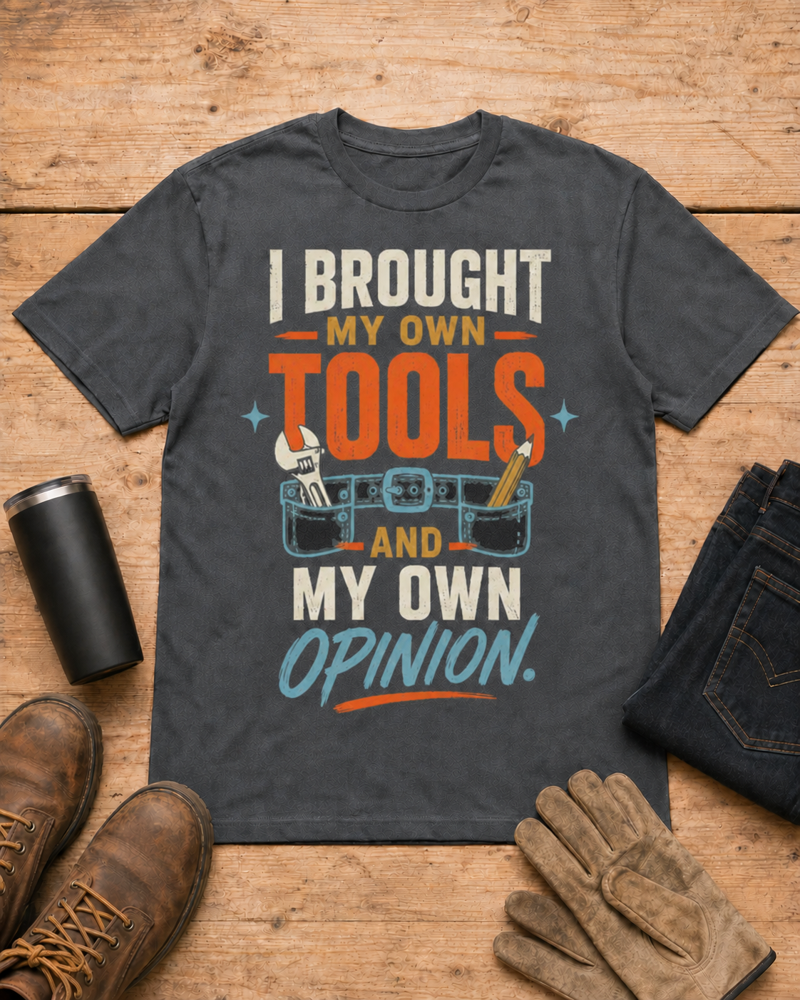 My Own Tools and My Own Opinion Tradeswoman Shirt in Dark Heather workbench flat lay