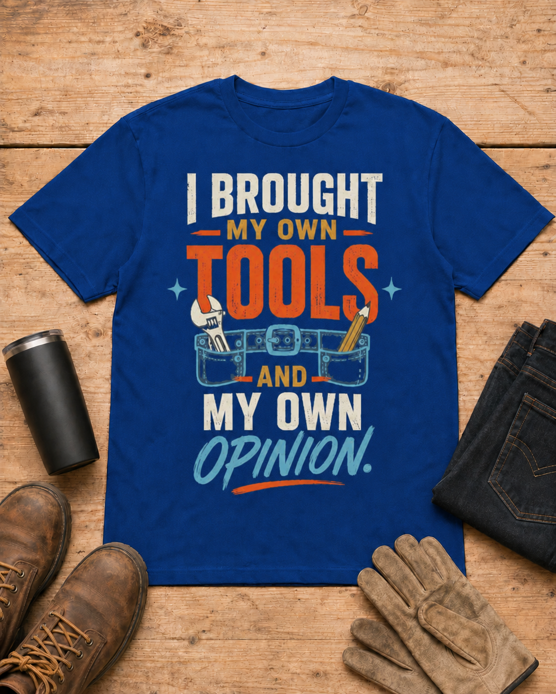 My Own Tools and My Own Opinion Tradeswoman Shirt in Royal Blue workbench flat lay